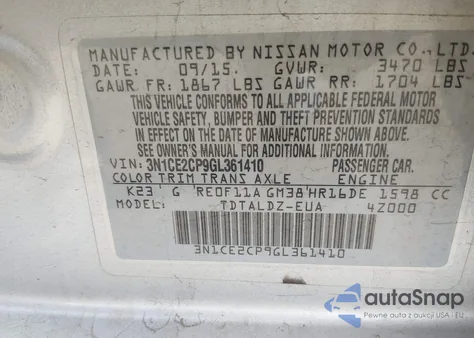 2016 Nissan Versa Note S (Sr)/S Plus/Sl/Sr/Sv z USA, uszkodzony, nr VIN 3N1CE2CP9GL361410